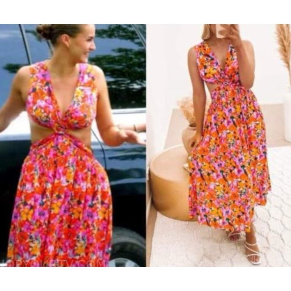 All About May Long Elle Dress 10 Large Halter Tie Back Floral Cut Out Floral